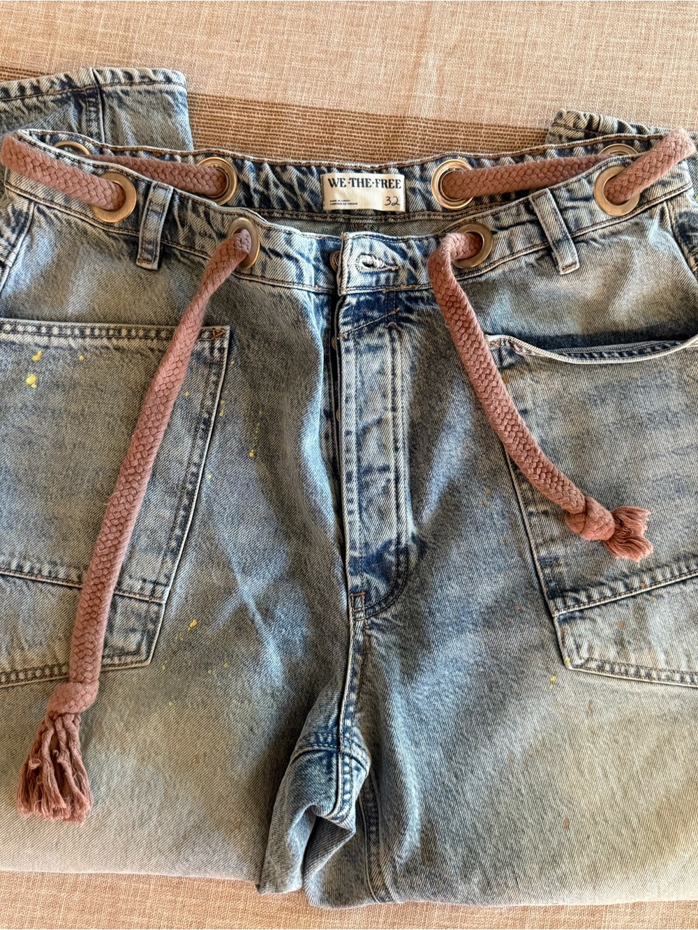 We The Free Light Blue Denim Relaxed Jeans with Dusty Pink Rope Waist
